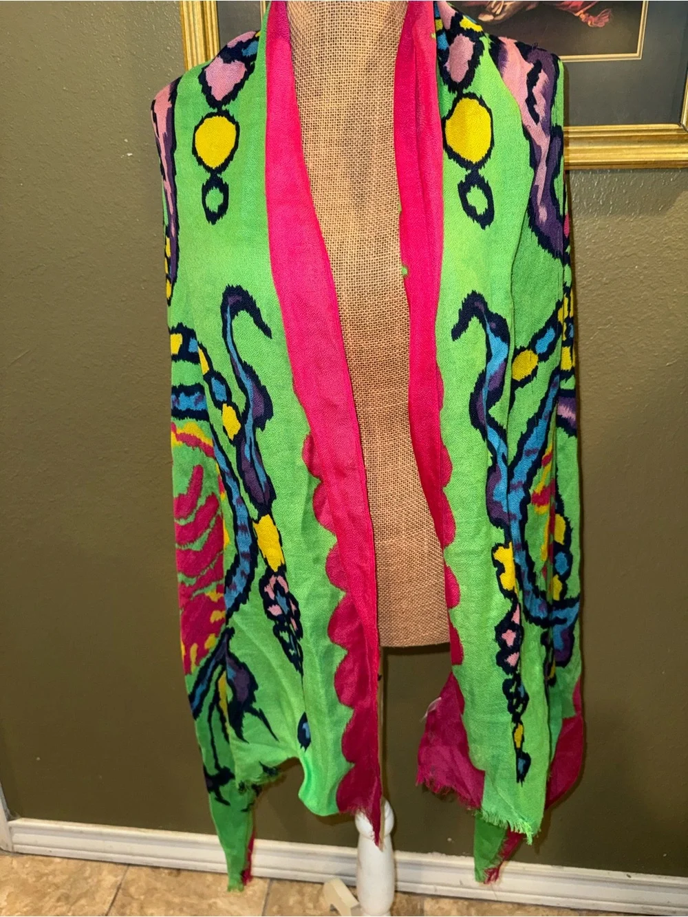 Vibrant Floral Green & Pink Scarf Wrap